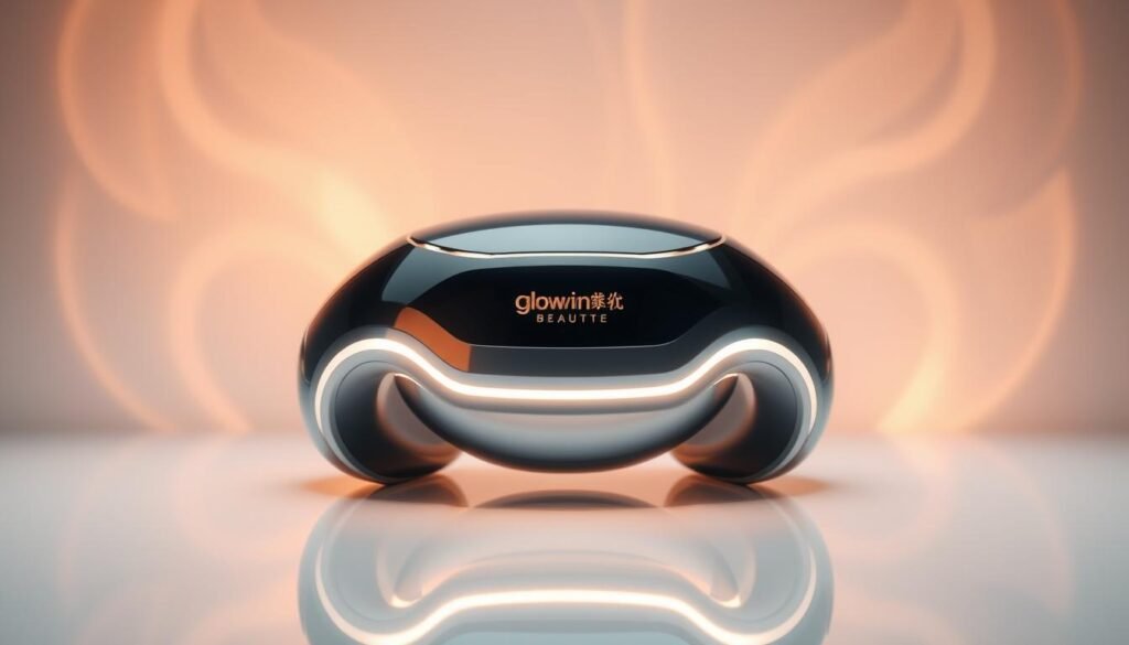 A sleek, futuristic device emblazoned with the Glowin Beaute logo hovers above a gleaming white surface. Metallic accents and a minimalist design evoke a sense of advanced technology. Soft, warm lighting emanates from the device, casting a gentle glow on the surroundings. In the background, a backdrop of abstract, ethereal shapes and gradients suggests the revolutionary "Oligio X原美電波" technology at work, harnessing the power of electromagnetic waves for innovative beauty treatments. The overall scene conveys a sophisticated, clinical, and innovative atmosphere, highlighting the cutting-edge nature of this Korean beauty innovation. A sleek, futuristic device emblazoned with the Glowin Beaute logo hovers above a gleaming white surface. Metallic accents and a minimalist design evoke a sense of advanced technology. Soft, warm lighting emanates from the device, casting a gentle glow on the surroundings. In the background, a backdrop of abstract, ethereal shapes and gradients suggests the revolutionary "Oligio X原美電波" technology at work, harnessing the power of electromagnetic waves for innovative beauty treatments. The overall scene conveys a sophisticated, clinical, and innovative atmosphere, highlighting the cutting-edge nature of this Korean beauty innovation.