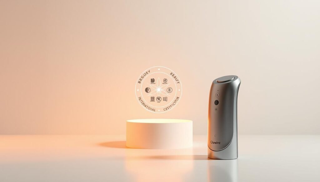 A sleek, modern product display showcasing the prestigious Oligio X 原美電波International Certification. The foreground features the Glowin Beaute brand logo and product design, bathed in warm, directional lighting that accentuates the device's clean lines and metallic finish. In the middle ground, three circular certification seals float in a minimalist, white-on-black composition, signifying the brand's triple international recognition. The background is a subtly textured, neutral gradient, lending a sense of sophistication and professionalism to the scene. The overall mood is one of technical innovation, global achievement, and the cutting edge of Korean beauty technology. A sleek, modern product display showcasing the prestigious Oligio X 原美電波International Certification. The foreground features the Glowin Beaute brand logo and product design, bathed in warm, directional lighting that accentuates the device's clean lines and metallic finish. In the middle ground, three circular certification seals float in a minimalist, white-on-black composition, signifying the brand's triple international recognition. The background is a subtly textured, neutral gradient, lending a sense of sophistication and professionalism to the scene. The overall mood is one of technical innovation, global achievement, and the cutting edge of Korean beauty technology.
