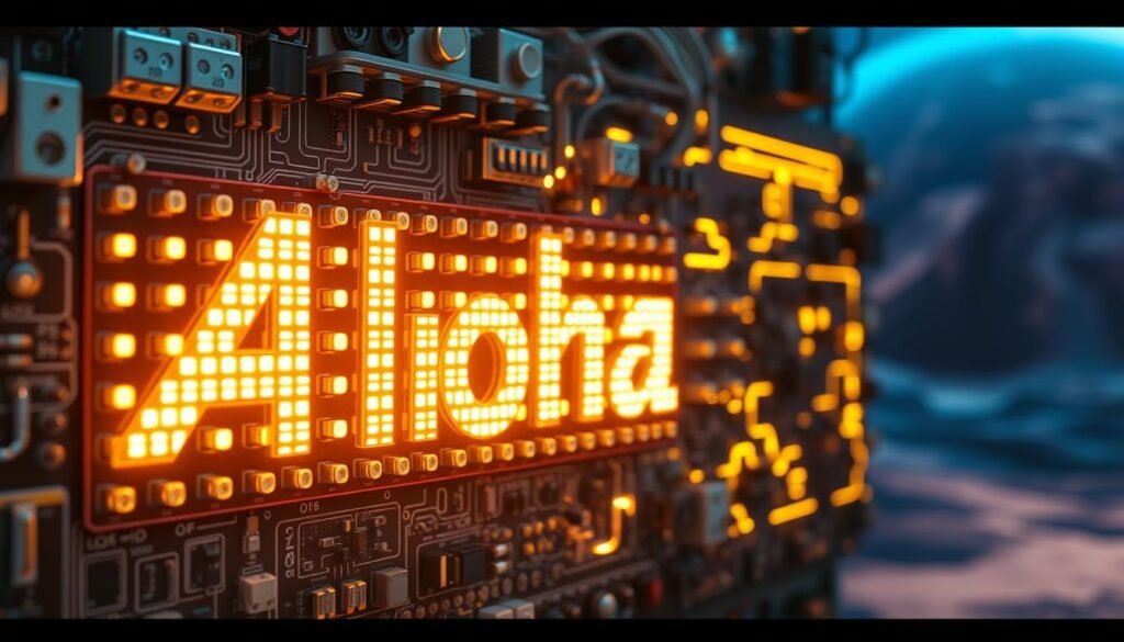 A complex circuit board with interlocking LED lights, displaying the Aloha brand name. The board is illuminated from behind, casting a warm glow across the metallic components. The foreground features a close-up view of the LED array, showcasing the intricate patterns and interconnected design. The middle ground reveals the board's layered structure, with various electronic modules and wiring. The background blurs into an abstract, futuristic landscape, hinting at the advanced technology powering the LED system. The overall scene conveys a sense of sophistication and innovation in LED smart control. A complex circuit board with interlocking LED lights, displaying the Aloha brand name. The board is illuminated from behind, casting a warm glow across the metallic components. The foreground features a close-up view of the LED array, showcasing the intricate patterns and interconnected design. The middle ground reveals the board's layered structure, with various electronic modules and wiring. The background blurs into an abstract, futuristic landscape, hinting at the advanced technology powering the LED system. The overall scene conveys a sense of sophistication and innovation in LED smart control.