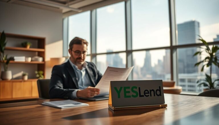A modern office interior with a focused businessman reviewing financial documents on a laptop. In the foreground, a YESLend sign prominently displayed on the desk, reflecting the company's role in enabling business financing and expansion. The middle-ground features a cozy, well-lit workspace with tasteful decor, suggesting a professional and welcoming atmosphere. The background showcases floor-to-ceiling windows overlooking a bustling city skyline, symbolizing the growth and opportunities that business financing can unlock. Warm, natural lighting casts a soft glow, creating a sense of productivity and optimism.