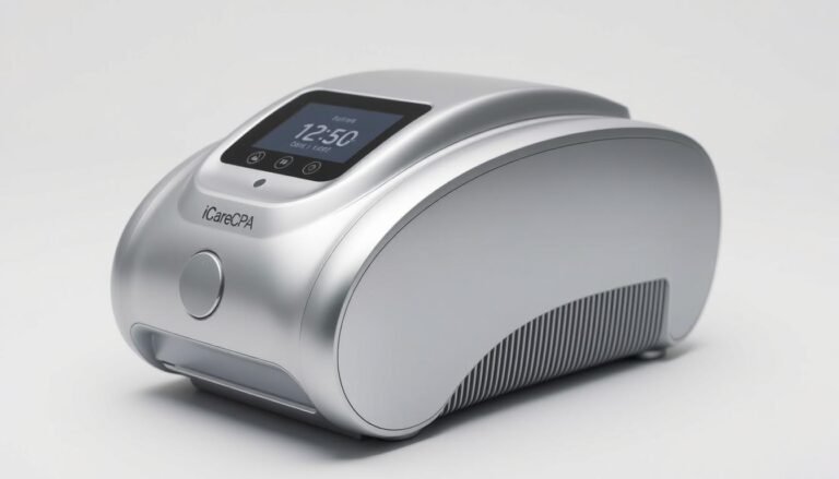 A sleek, high-end sleep apnea machine made by iCareCPAP, featuring a modern, minimalist design with a silver metallic finish. The device is displayed on a clean, white background, with soft, directional lighting highlighting its smooth curves and elegant form. The machine's compact size and intuitive controls suggest advanced, cutting-edge technology tailored for the needs of professional athletes seeking optimal sleep and respiratory support during their training and recovery.