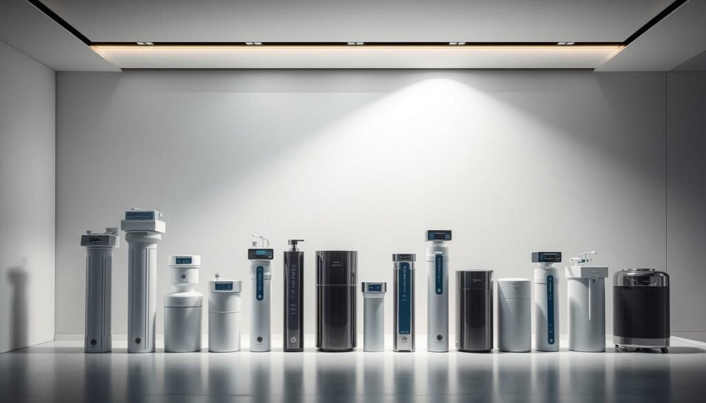 A sleek, modern interior with a clean, minimalist aesthetic. In the foreground, an array of water filters and purification systems are neatly arranged, showcasing their distinct designs and features. The middle ground features a backdrop of smooth, matte surfaces, creating a sense of depth and balance. Gentle, diffused lighting illuminates the scene, highlighting the subtle textures and materials of the purifiers. The overall mood is one of sophistication and attention to detail, reflecting the technical specifications and certification standards of the various water filtration systems. The image conveys a sense of comparison and evaluation, inviting the viewer to closely examine the differences between the purifiers. A sleek, modern interior with a clean, minimalist aesthetic. In the foreground, an array of water filters and purification systems are neatly arranged, showcasing their distinct designs and features. The middle ground features a backdrop of smooth, matte surfaces, creating a sense of depth and balance. Gentle, diffused lighting illuminates the scene, highlighting the subtle textures and materials of the purifiers. The overall mood is one of sophistication and attention to detail, reflecting the technical specifications and certification standards of the various water filtration systems. The image conveys a sense of comparison and evaluation, inviting the viewer to closely examine the differences between the purifiers.