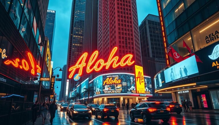 Neon-lit urban landscape, vibrant "Aloha" sign illuminating a bustling commercial district. Warm hues of red, blue, and yellow dance across sleek, modern architecture. Reflections shimmer in the rain-soaked streets, creating an atmosphere of energy and dynamism. Towering skyscrapers loom in the background, their windows glowing with the promise of activity within. Pedestrians and vehicles weave through the scene, bathed in the glow of the neon lights. The composition captures the essence of neon's application in commercial spaces - a captivating, eye-catching display that draws in customers and sets the mood for an engaging, vibrant experience.