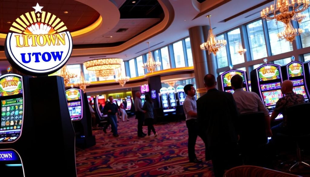 A brightly lit casino lobby, with a prominent UTown sign illuminating the scene. In the foreground, a sleek electronic slot machine stands, its screen displaying vivid graphics and animations. The middle ground features a group of players engaged in the game, their expressions focused and intent. The background showcases the elegant, modern decor of the casino, with plush carpeting, ornate chandeliers, and floor-to-ceiling windows allowing natural light to flood the space. The overall atmosphere conveys a sense of excitement and safety, inviting the viewer to explore the thrilling yet responsible gaming experience offered by UTown. A brightly lit casino lobby, with a prominent UTown sign illuminating the scene. In the foreground, a sleek electronic slot machine stands, its screen displaying vivid graphics and animations. The middle ground features a group of players engaged in the game, their expressions focused and intent. The background showcases the elegant, modern decor of the casino, with plush carpeting, ornate chandeliers, and floor-to-ceiling windows allowing natural light to flood the space. The overall atmosphere conveys a sense of excitement and safety, inviting the viewer to explore the thrilling yet responsible gaming experience offered by UTown.