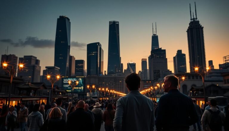 A bustling city skyline at dusk, the towering skyscrapers casting long shadows across a crowded street. In the foreground, two individuals engage in an intense discussion, their body language suggesting a negotiation for a private loan. The scene is illuminated by the warm glow of streetlamps, creating a sense of energy and potential. The background features a blend of modern architecture and traditional structures, symbolizing the blend of old and new in the world of private lending. The image conveys the idea of using private financing to support entrepreneurial endeavors, with a focus on the human connections and negotiations that make such arrangements possible.