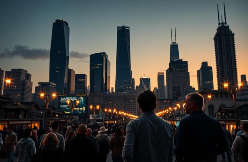 A bustling city skyline at dusk, the towering skyscrapers casting long shadows across a crowded street. In the foreground, two individuals engage in an intense discussion, their body language suggesting a negotiation for a private loan. The scene is illuminated by the warm glow of streetlamps, creating a sense of energy and potential. The background features a blend of modern architecture and traditional structures, symbolizing the blend of old and new in the world of private lending. The image conveys the idea of using private financing to support entrepreneurial endeavors, with a focus on the human connections and negotiations that make such arrangements possible.