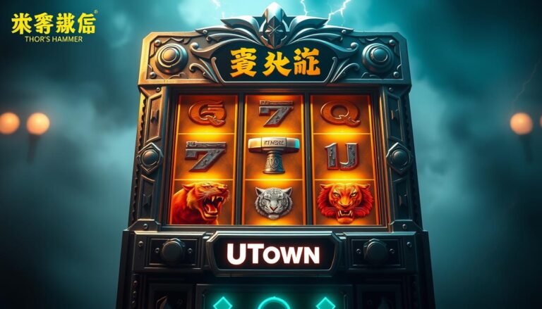 A captivating image of the &amp;quot;Thor's Hammer&amp;quot; slot machine, showcasing its striking design and captivating gameplay. The machine's metallic frame is adorned with intricate carvings and lightning bolt motifs, giving it a powerful, mythical appearance. The reels, emblazoned with symbols of Thor's hammer, Mjolnir, and fierce tigers, are bathed in a warm, golden glow, creating an immersive and inviting atmosphere. The background is shrouded in a misty, atmospheric setting, hinting at the game's connection to Norse mythology. The overall composition evokes a sense of adventure and the thrill of potential winnings, perfectly complementing the section title &amp;quot;穩健獲利的雷神之鎚攻略：從設定預算到逐步加注的資金管理技巧。&amp;quot;. The UTown brand name is prominently displayed on the machine, adding a touch of authenticity to the scene.