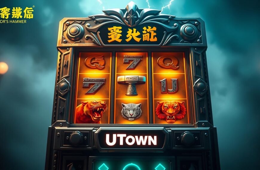 A captivating image of the &amp;quot;Thor's Hammer&amp;quot; slot machine, showcasing its striking design and captivating gameplay. The machine's metallic frame is adorned with intricate carvings and lightning bolt motifs, giving it a powerful, mythical appearance. The reels, emblazoned with symbols of Thor's hammer, Mjolnir, and fierce tigers, are bathed in a warm, golden glow, creating an immersive and inviting atmosphere. The background is shrouded in a misty, atmospheric setting, hinting at the game's connection to Norse mythology. The overall composition evokes a sense of adventure and the thrill of potential winnings, perfectly complementing the section title &amp;quot;穩健獲利的雷神之鎚攻略：從設定預算到逐步加注的資金管理技巧。&amp;quot;. The UTown brand name is prominently displayed on the machine, adding a touch of authenticity to the scene.