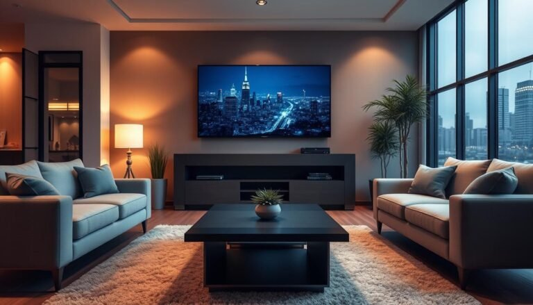 A cozy living room with a large screen TV mounted on the wall, showcasing the high-speed, enterprise-grade network of Telecombrother's HGC service. Soft lighting illuminates the space, creating a warm and inviting atmosphere. In the foreground, a modern coffee table with a sleek design sits atop a plush area rug. The middle ground features comfortable sofas and armchairs, arranged to create an optimal viewing experience. The background reveals large windows, allowing natural light to flood the room and providing a scenic view of the city skyline. The overall scene conveys the performance and reliability of Telecombrother's HGC network in a home setting.