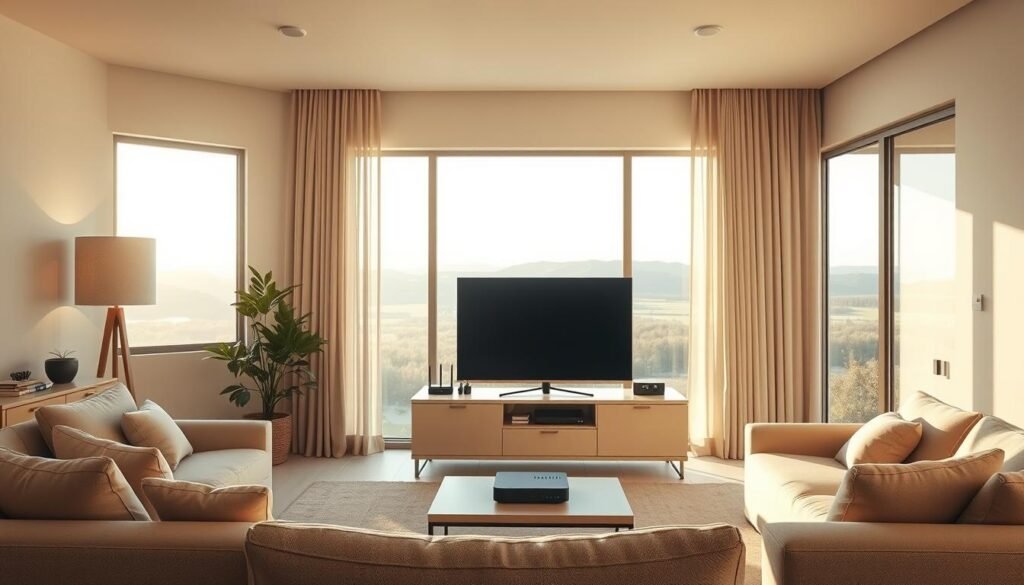 A cozy living room with a large window overlooking a serene landscape. The room is filled with modern, minimalist furniture in neutral tones, creating a harmonious and inviting atmosphere. In the center, a sleek television stands on an elegant cabinet, surrounded by various Telecombrother devices, including a router and a set-top box. The lighting is warm and soft, accentuating the room's clean lines and natural textures. The scene conveys a sense of comfort and technological integration, highlighting the seamless connectivity and flexibility of the Telecombrother home broadband solution. A cozy living room with a large window overlooking a serene landscape. The room is filled with modern, minimalist furniture in neutral tones, creating a harmonious and inviting atmosphere. In the center, a sleek television stands on an elegant cabinet, surrounded by various Telecombrother devices, including a router and a set-top box. The lighting is warm and soft, accentuating the room's clean lines and natural textures. The scene conveys a sense of comfort and technological integration, highlighting the seamless connectivity and flexibility of the Telecombrother home broadband solution.