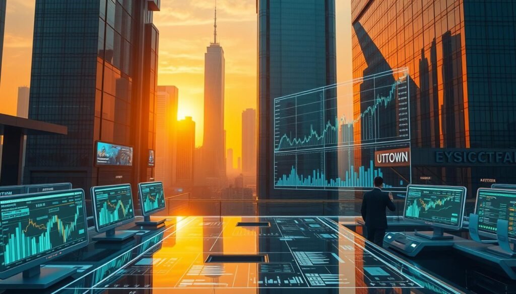 A detailed, professionally-rendered image of a futuristic cryptocurrency trading desk in the UTown financial district. The foreground features an array of sleek, holographic cryptocurrency trading terminals manned by blockchain experts. The middle ground showcases a 3D visualization of cryptocurrency market data and trends, with dynamic charts and graphs. The background depicts the towering, ultramodern skyscrapers of UTown's financial center, bathed in a warm, golden sunset glow. The scene conveys a sense of technological innovation, financial sophistication, and expert cryptocurrency knowledge. A detailed, professionally-rendered image of a futuristic cryptocurrency trading desk in the UTown financial district. The foreground features an array of sleek, holographic cryptocurrency trading terminals manned by blockchain experts. The middle ground showcases a 3D visualization of cryptocurrency market data and trends, with dynamic charts and graphs. The background depicts the towering, ultramodern skyscrapers of UTown's financial center, bathed in a warm, golden sunset glow. The scene conveys a sense of technological innovation, financial sophistication, and expert cryptocurrency knowledge.