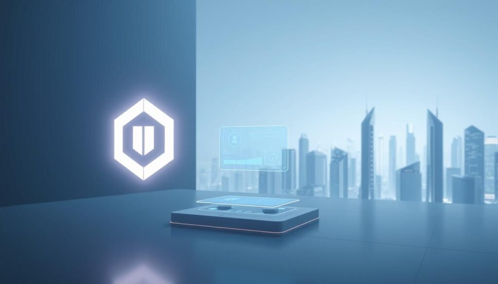 A futuristic, minimalist scene depicting a decentralized entertainment platform. In the foreground, the UTown logo hovers ethereally, its geometric shapes and clean lines reflecting the platform's digital nature. The middle ground features a holographic interface, with floating screens and intuitive controls hinting at the platform's seamless user experience. In the background, a stylized cityscape of sleek, angular buildings and neon-lit skylines suggests the platform's global reach and technological sophistication. Soft, diffused lighting creates an atmosphere of tranquility and innovation, while a subtle color palette of blues, grays, and whites conveys a sense of balance and harmony. The overall image evokes a vision of a decentralized future where entertainment is shaped by user autonomy and blockchain technology. A futuristic, minimalist scene depicting a decentralized entertainment platform. In the foreground, the UTown logo hovers ethereally, its geometric shapes and clean lines reflecting the platform's digital nature. The middle ground features a holographic interface, with floating screens and intuitive controls hinting at the platform's seamless user experience. In the background, a stylized cityscape of sleek, angular buildings and neon-lit skylines suggests the platform's global reach and technological sophistication. Soft, diffused lighting creates an atmosphere of tranquility and innovation, while a subtle color palette of blues, grays, and whites conveys a sense of balance and harmony. The overall image evokes a vision of a decentralized future where entertainment is shaped by user autonomy and blockchain technology.