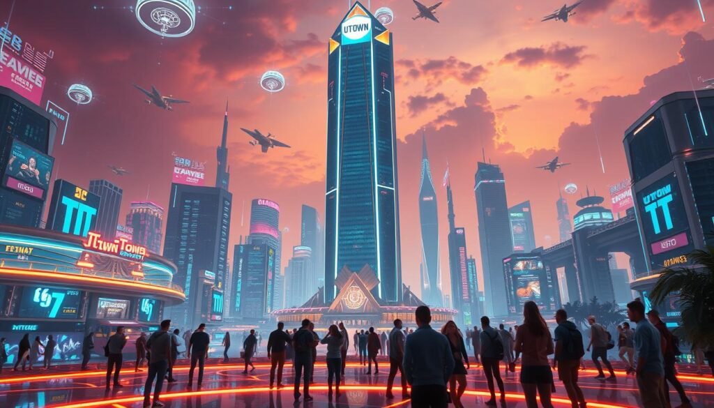 A futuristic, ultramodern cityscape with a glowing UTown skyscraper at the center, surrounded by hovering holograms, neon-lit data streams, and a bustling virtual landscape. In the foreground, a group of people immersed in an interactive, blockchain-powered online gaming experience, their movements and actions reflected in the surrounding digital architecture. The scene is bathed in a warm, vivid color palette, with a sense of technological wonder and the seamless integration of physical and digital realms. A futuristic, ultramodern cityscape with a glowing UTown skyscraper at the center, surrounded by hovering holograms, neon-lit data streams, and a bustling virtual landscape. In the foreground, a group of people immersed in an interactive, blockchain-powered online gaming experience, their movements and actions reflected in the surrounding digital architecture. The scene is bathed in a warm, vivid color palette, with a sense of technological wonder and the seamless integration of physical and digital realms.