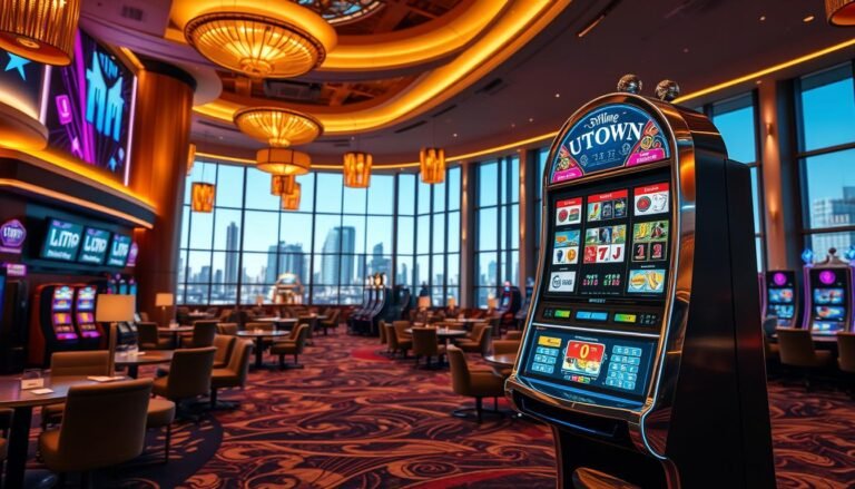 A high-definition, photorealistic image of a cg electronic slot machine prominently displayed in the foreground, situated within the luxurious interior of the UTown entertainment complex. The slot machine is intricately detailed, with a glossy, metallic exterior and vibrant LED displays. The middle ground features plush seating, elegant décor, and warm, ambient lighting, creating an inviting atmosphere. The background showcases the expansive, modern architecture of the UTown casino, with towering ceilings and large windows offering a glimpse of the city skyline beyond. The overall scene conveys a sense of opulence, technology, and the thrill of casino gaming.