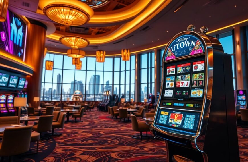 A high-definition, photorealistic image of a cg electronic slot machine prominently displayed in the foreground, situated within the luxurious interior of the UTown entertainment complex. The slot machine is intricately detailed, with a glossy, metallic exterior and vibrant LED displays. The middle ground features plush seating, elegant décor, and warm, ambient lighting, creating an inviting atmosphere. The background showcases the expansive, modern architecture of the UTown casino, with towering ceilings and large windows offering a glimpse of the city skyline beyond. The overall scene conveys a sense of opulence, technology, and the thrill of casino gaming.
