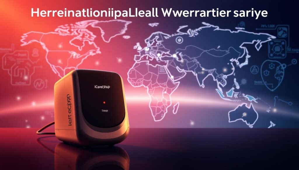 A high-quality, meticulously detailed digital illustration showcasing the international warranty service for the iCareCPAP sleep apnea device. The foreground features the iCareCPAP device in a sleek, modern design with a warm, soft lighting that emphasizes its premium quality. The middle ground depicts a world map with interconnected service centers, representing the global reach of the warranty program. The background subtly incorporates technical diagrams and schematics, conveying the advanced engineering and attention to detail behind the iCareCPAP system. The overall composition radiates a sense of reliability, trust, and seamless international support for sleep apnea patients traveling with their iCareCPAP devices. A high-quality, meticulously detailed digital illustration showcasing the international warranty service for the iCareCPAP sleep apnea device. The foreground features the iCareCPAP device in a sleek, modern design with a warm, soft lighting that emphasizes its premium quality. The middle ground depicts a world map with interconnected service centers, representing the global reach of the warranty program. The background subtly incorporates technical diagrams and schematics, conveying the advanced engineering and attention to detail behind the iCareCPAP system. The overall composition radiates a sense of reliability, trust, and seamless international support for sleep apnea patients traveling with their iCareCPAP devices.