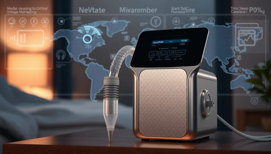 A high-tech medical device with sleek metallic accents, the iCareCPAP sleep apnea machine showcases advanced international voltage compatibility. Crisp, clean lines and a minimalist design create a sophisticated, clinical aesthetic. Soft ambient lighting bathes the machine in a warm, soothing glow, evoking a sense of comfort and relaxation. Detailed engineering schematics in the background reveal the intricate technical specifications that enable this device to seamlessly adapt to diverse global power grids. The overall composition conveys the iCareCPAP's reliable functionality and versatility for the international traveler seeking uninterrupted, restful sleep. A high-tech medical device with sleek metallic accents, the iCareCPAP sleep apnea machine showcases advanced international voltage compatibility. Crisp, clean lines and a minimalist design create a sophisticated, clinical aesthetic. Soft ambient lighting bathes the machine in a warm, soothing glow, evoking a sense of comfort and relaxation. Detailed engineering schematics in the background reveal the intricate technical specifications that enable this device to seamlessly adapt to diverse global power grids. The overall composition conveys the iCareCPAP's reliable functionality and versatility for the international traveler seeking uninterrupted, restful sleep.