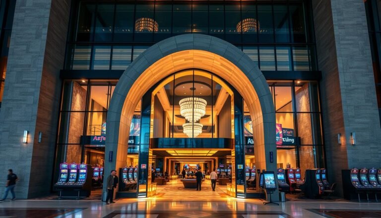 A luxurious and modern UTown entertainment complex, with a sleek and minimalist exterior. The building features a mix of glass, steel, and stone elements, creating a visually striking and sophisticated design. The entrance is framed by a grand archway, leading to an expansive lobby with high ceilings and elegant decor. The interior spaces are filled with natural light, creating a warm and inviting ambiance. Patrons can enjoy a variety of entertainment options, including gaming tables, slot machines, and high-end dining experiences. The overall atmosphere exudes a sense of exclusivity and refinement, catering to discerning clientele seeking a premium entertainment experience.