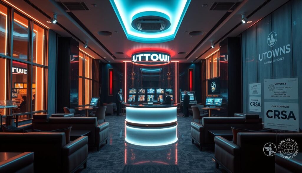 A meticulously designed and legally-compliant online entertainment hub, UTown showcases a sleek, minimalist interface. Neon-lit windows beckon, hinting at the thrilling gaming experiences within. The lobby exudes an air of sophisticated luxury, with plush leather seating and a central, illuminated counter. Discreetly positioned security cameras and professional staff ensure a secure, well-regulated environment. Detailed licenses and certifications are prominently displayed, affirming UTown's commitment to transparency and responsible gaming. The overall ambiance radiates a sense of trust, professionalism, and unwavering adherence to industry regulations. A meticulously designed and legally-compliant online entertainment hub, UTown showcases a sleek, minimalist interface. Neon-lit windows beckon, hinting at the thrilling gaming experiences within. The lobby exudes an air of sophisticated luxury, with plush leather seating and a central, illuminated counter. Discreetly positioned security cameras and professional staff ensure a secure, well-regulated environment. Detailed licenses and certifications are prominently displayed, affirming UTown's commitment to transparency and responsible gaming. The overall ambiance radiates a sense of trust, professionalism, and unwavering adherence to industry regulations.