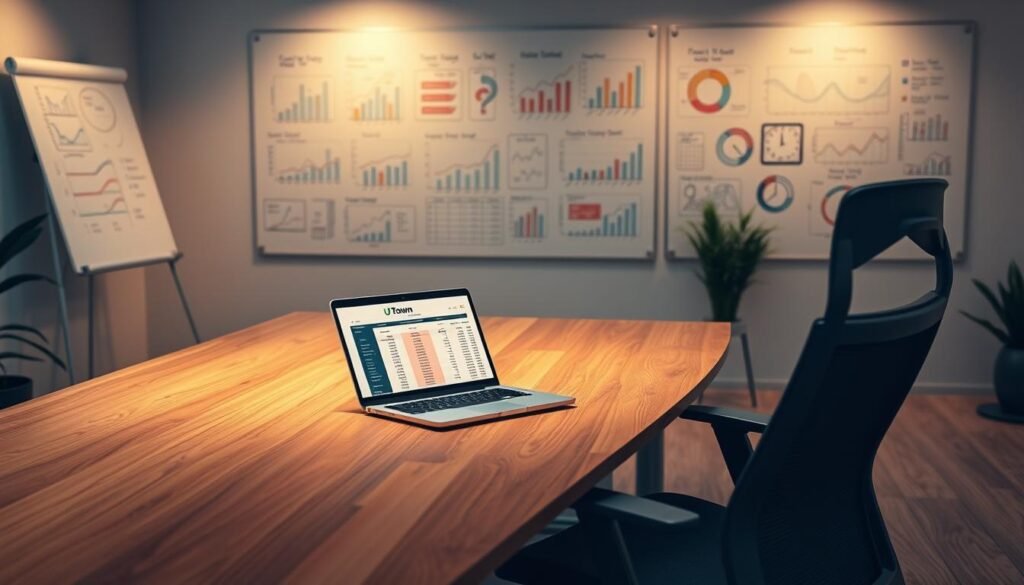 A modern, minimalist office setting with a large, wooden desk and a sleek, ergonomic chair. On the desk, a UTown laptop displays a spreadsheet with a game budget breakdown. The lighting is warm and focused, casting a soft glow on the desk surface. In the background, a whiteboard filled with colorful, hand-drawn charts and diagrams provides a visual representation of financial planning. The overall atmosphere is one of thoughtful, organized financial management. A modern, minimalist office setting with a large, wooden desk and a sleek, ergonomic chair. On the desk, a UTown laptop displays a spreadsheet with a game budget breakdown. The lighting is warm and focused, casting a soft glow on the desk surface. In the background, a whiteboard filled with colorful, hand-drawn charts and diagrams provides a visual representation of financial planning. The overall atmosphere is one of thoughtful, organized financial management.