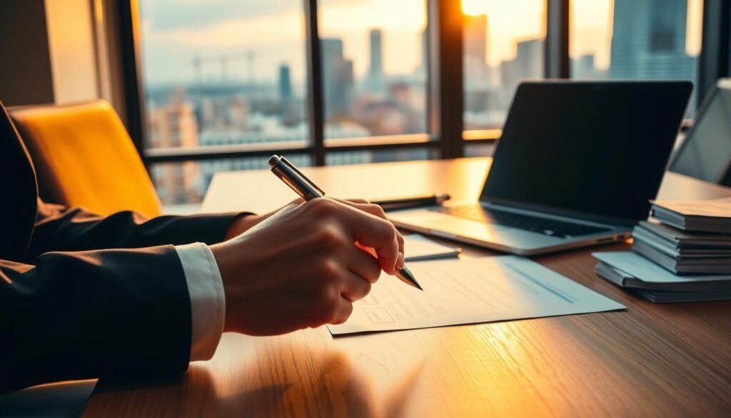 A modern office setting with a wooden desk, a laptop, and a stack of documents, all bathed in warm, golden lighting. In the foreground, a businessperson's hands hold a pen, representing the act of private lending. In the background, a city skyline visible through large windows, suggesting the urban landscape in which private lending occurs. The scene conveys a sense of professionalism, deliberation, and the interplay between traditional and alternative financing options. A modern office setting with a wooden desk, a laptop, and a stack of documents, all bathed in warm, golden lighting. In the foreground, a businessperson's hands hold a pen, representing the act of private lending. In the background, a city skyline visible through large windows, suggesting the urban landscape in which private lending occurs. The scene conveys a sense of professionalism, deliberation, and the interplay between traditional and alternative financing options.