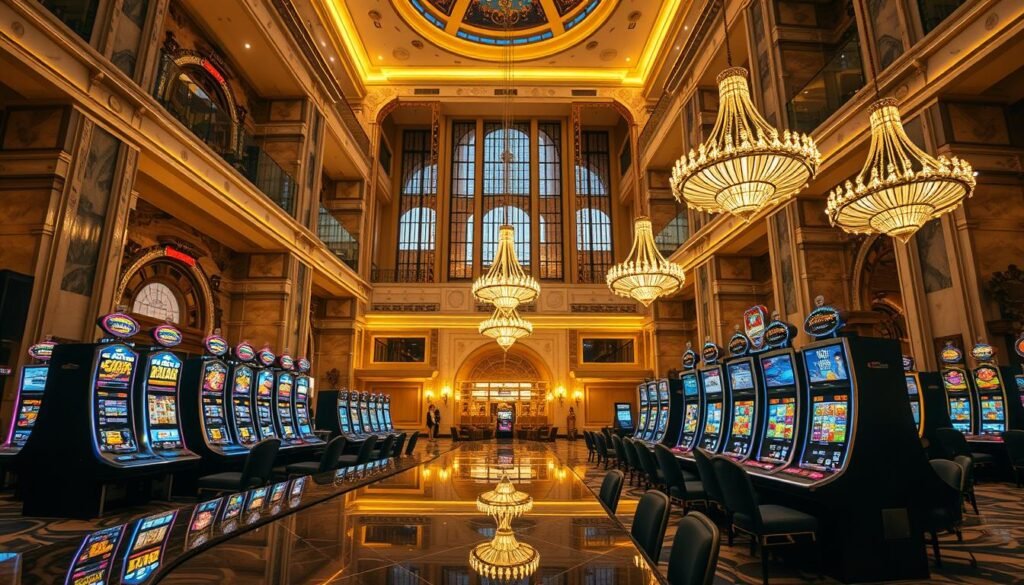 A serene and opulent interior of the UTown Entertainment City, with a grand marble lobby and high ceilings bathed in warm, golden lighting. In the foreground, a lavish gaming table with sleek, modern slot machines and a striking display of colorful slot reels. The middle ground features elegant chandeliers and plush seating areas, while the background showcases the grandeur of the building's architecture. The overall atmosphere exudes a sense of excitement and luxury, inviting players to immerse themselves in the thrilling experience of the UTown gaming rewards system. A serene and opulent interior of the UTown Entertainment City, with a grand marble lobby and high ceilings bathed in warm, golden lighting. In the foreground, a lavish gaming table with sleek, modern slot machines and a striking display of colorful slot reels. The middle ground features elegant chandeliers and plush seating areas, while the background showcases the grandeur of the building's architecture. The overall atmosphere exudes a sense of excitement and luxury, inviting players to immerse themselves in the thrilling experience of the UTown gaming rewards system.