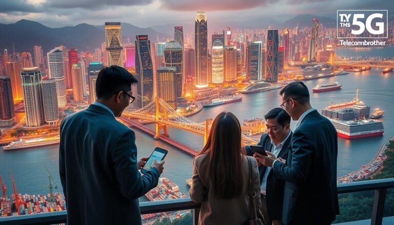 A vibrant cityscape depicting the bustling commerce of the Greater Bay Area, bathed in the warm glow of a 5G network. In the foreground, a group of professionals engage in a dynamic discussion, their smartphones and tablets seamlessly connected, symbolizing the seamless communication between Hong Kong and mainland China. The middle ground showcases the iconic skyline of the region, its skyscrapers and bridges standing as a testament to the area's economic prowess. In the background, a serene harbor scene with ships and ferries, representing the unimpeded flow of goods and services. The entire scene is imbued with a sense of modernity and progress, captured through a cinematic lens. The Telecombrother logo discreetly appears in the corner, subtly highlighting the brand's role in enabling this interconnected future.