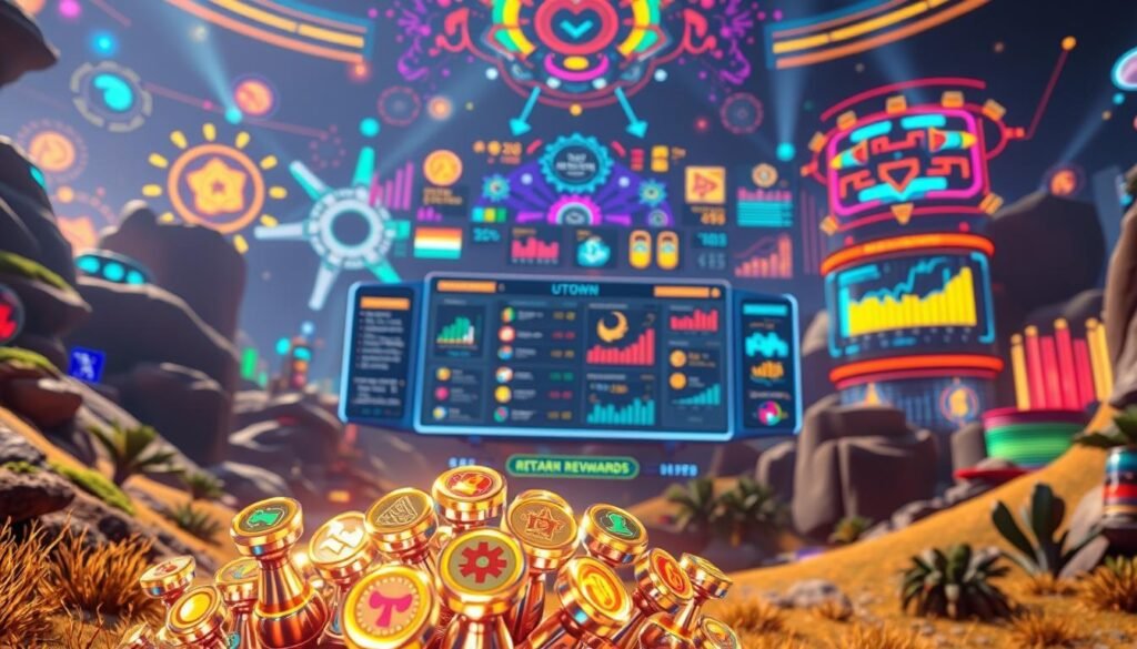 A vibrant, dynamic landscape showcasing a diverse array of reward mechanisms in the UTown gaming ecosystem. In the foreground, a cluster of glowing, holographic icons representing various in-game achievements, bonuses, and progression systems. The middle ground features a sleek, futuristic interface with customizable reward paths and interactive displays. In the background, a kaleidoscope of colorful data visualizations, charts, and statistics, illustrating the depth and complexity of the multi-tiered reward system. Bright, high-contrast lighting creates a sense of energy and excitement, while a warm, inviting color palette conveys the inclusive, player-centric nature of the UTown experience. A vibrant, dynamic landscape showcasing a diverse array of reward mechanisms in the UTown gaming ecosystem. In the foreground, a cluster of glowing, holographic icons representing various in-game achievements, bonuses, and progression systems. The middle ground features a sleek, futuristic interface with customizable reward paths and interactive displays. In the background, a kaleidoscope of colorful data visualizations, charts, and statistics, illustrating the depth and complexity of the multi-tiered reward system. Bright, high-contrast lighting creates a sense of energy and excitement, while a warm, inviting color palette conveys the inclusive, player-centric nature of the UTown experience.