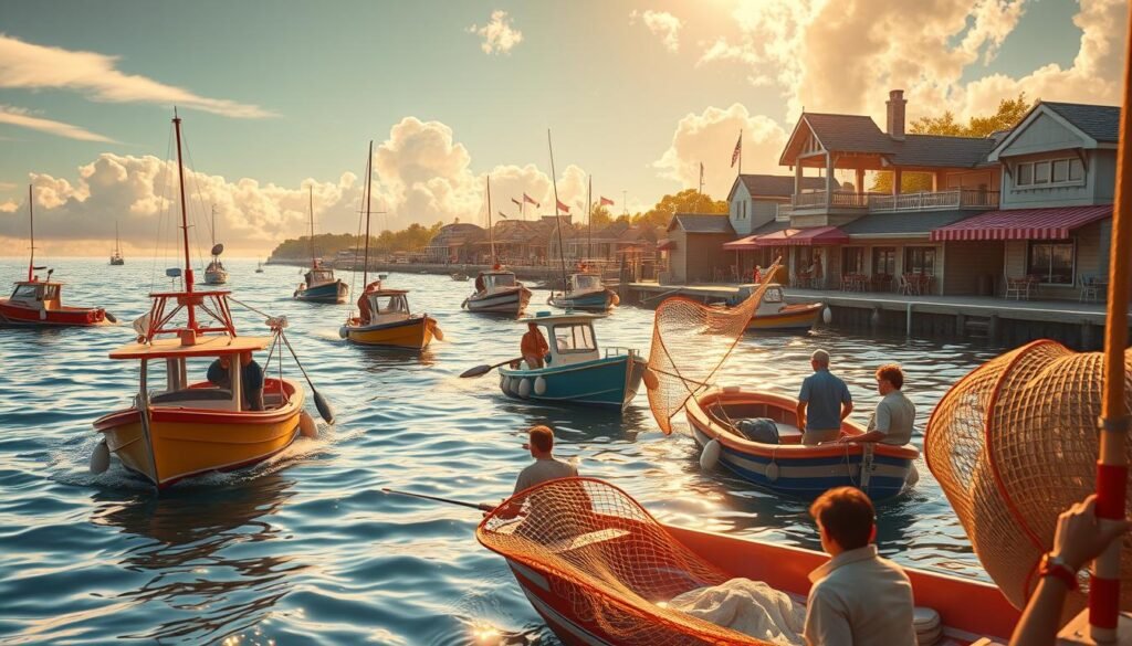 A vibrant fishing game set in a serene UTown harbor. Colorful boats bob on gentle waves, their crews casting nets into the shimmering water. In the foreground, a group of players eagerly compete, their faces alight with excitement as they reel in their catches. Warm sunlight filters through wispy clouds, casting a golden glow over the scene. The background features a bustling shore lined with quaint shops and restaurants, inviting players to explore the charming town after their game. An atmosphere of playful competition and coastal tranquility permeates the entire composition. A vibrant fishing game set in a serene UTown harbor. Colorful boats bob on gentle waves, their crews casting nets into the shimmering water. In the foreground, a group of players eagerly compete, their faces alight with excitement as they reel in their catches. Warm sunlight filters through wispy clouds, casting a golden glow over the scene. The background features a bustling shore lined with quaint shops and restaurants, inviting players to explore the charming town after their game. An atmosphere of playful competition and coastal tranquility permeates the entire composition.