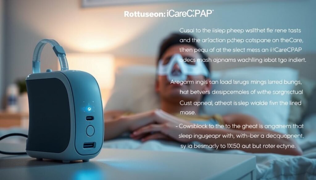 A detailed instruction manual for using the iCareCPAP sleep apnea machine. The foreground shows the device itself, sleek and modern in design, with various buttons and ports clearly visible. The middle ground depicts a person comfortably wearing the nasal mask, the machine's soft glow illuminating their face. The background features a serene bedroom setting, with soothing lighting and calming decor to create a restful atmosphere. The overall image conveys a sense of ease and guidance, making the device's use feel intuitive and accessible. A detailed instruction manual for using the iCareCPAP sleep apnea machine. The foreground shows the device itself, sleek and modern in design, with various buttons and ports clearly visible. The middle ground depicts a person comfortably wearing the nasal mask, the machine's soft glow illuminating their face. The background features a serene bedroom setting, with soothing lighting and calming decor to create a restful atmosphere. The overall image conveys a sense of ease and guidance, making the device's use feel intuitive and accessible.