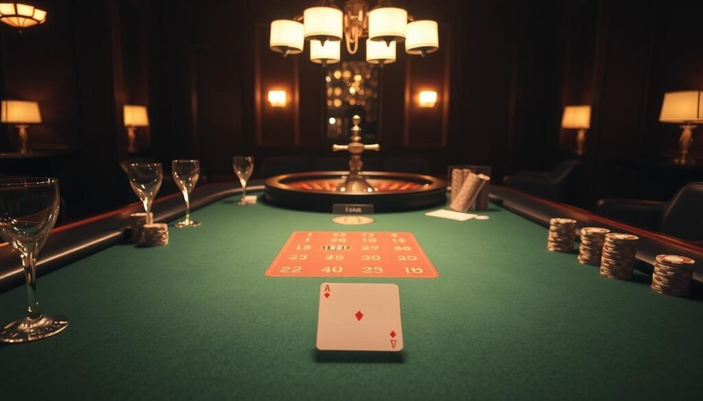 A dimly lit casino table, the green felt surface reflecting the warm glow of overhead lamps. Delicate crystal glasses and stacks of casino chips line the perimeter, casting subtle shadows. In the center, a classic roulette wheel stands, its intricate mechanism visible through the glass casing. The table is empty, save for a dealer's marker, a subtle invitation to the game of Baccarat. The scene exudes an air of sophisticated elegance, hinting at the strategic depth and mathematical precision inherent in the rules of this timeless game. A dimly lit casino table, the green felt surface reflecting the warm glow of overhead lamps. Delicate crystal glasses and stacks of casino chips line the perimeter, casting subtle shadows. In the center, a classic roulette wheel stands, its intricate mechanism visible through the glass casing. The table is empty, save for a dealer's marker, a subtle invitation to the game of Baccarat. The scene exudes an air of sophisticated elegance, hinting at the strategic depth and mathematical precision inherent in the rules of this timeless game.