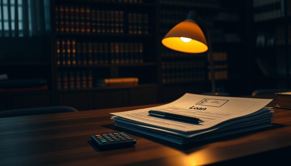 A dimly lit office space, the desk illuminated by a warm desk lamp. On the wooden surface, a stack of documents and forms labeled "民間貸款申請材料" sit neatly organized, accompanied by a pen and a calculator. The background features shelves filled with legal books and files, casting subtle shadows across the scene. The atmosphere is one of focused professionalism, conveying the careful attention required in the loan application process. The camera angle is slightly elevated, providing a sense of authority and attention to detail. The overall tone is serious yet inviting, reflecting the importance of this financial endeavor. A dimly lit office space, the desk illuminated by a warm desk lamp. On the wooden surface, a stack of documents and forms labeled "民間貸款申請材料" sit neatly organized, accompanied by a pen and a calculator. The background features shelves filled with legal books and files, casting subtle shadows across the scene. The atmosphere is one of focused professionalism, conveying the careful attention required in the loan application process. The camera angle is slightly elevated, providing a sense of authority and attention to detail. The overall tone is serious yet inviting, reflecting the importance of this financial endeavor.