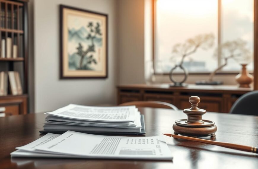 A serene office scene with a wooden desk, a stack of financial documents, and a Chinese-style ink brush and inkwell. In the background, a traditional Chinese landscape painting hangs on the wall, conveying a sense of tranquility and tradition. Soft, natural lighting filters through a window, casting a warm glow over the scene. The arrangement suggests the intersection of modern financial practices and ancient cultural heritage, reflecting the essence of "民間貸款" - a concept rooted in traditional Chinese lending practices. The overall mood is one of professionalism, refinement, and cultural significance.