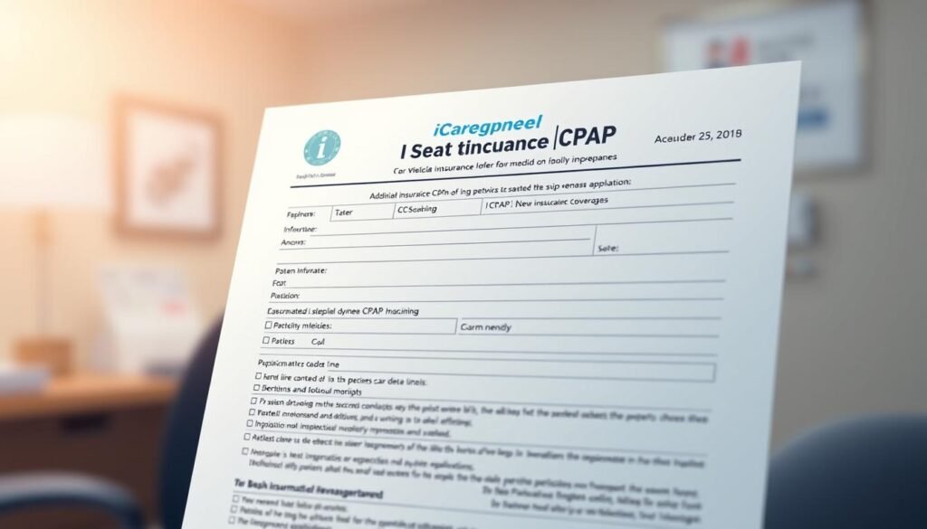 High-resolution digital illustration of a medical insurance application document for sleep apnea CPAP machines, featuring the iCareCPAP brand logo. The document is neatly organized with clear section headings and fields for patient information, physician attestation, and insurance coverage details. The overall aesthetic is clean, professional, and easy to read, with muted colors and a calming, authoritative tone to convey the seriousness of the medical need. The composition places the document in the foreground, with a blurred background suggesting a medical office setting. Lighting is soft and diffused to generate a sense of trust and reliability. High-resolution digital illustration of a medical insurance application document for sleep apnea CPAP machines, featuring the iCareCPAP brand logo. The document is neatly organized with clear section headings and fields for patient information, physician attestation, and insurance coverage details. The overall aesthetic is clean, professional, and easy to read, with muted colors and a calming, authoritative tone to convey the seriousness of the medical need. The composition places the document in the foreground, with a blurred background suggesting a medical office setting. Lighting is soft and diffused to generate a sense of trust and reliability.