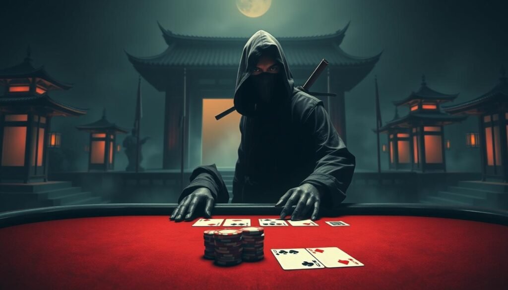 a detailed illustration of the baccarat rules, showcasing the key elements of the game with a mysterious and stylized ninja-inspired aesthetic. The foreground should depict the baccarat table and cards, with the dealer's hands and chips in focus. The middle ground should feature a shadowy ninja figure, poised and ready to exploit the game's mechanics. The background should be a dimly lit, moody environment, perhaps with pagodas or Japanese architectural elements, conveying a sense of ancient tradition and strategic mastery. Use dramatic lighting, deep shadows, and a muted color palette to evoke the "忍者級百家樂打法揭露" theme. Render the scene with a cinematic, almost film-noir style. a detailed illustration of the baccarat rules, showcasing the key elements of the game with a mysterious and stylized ninja-inspired aesthetic. The foreground should depict the baccarat table and cards, with the dealer's hands and chips in focus. The middle ground should feature a shadowy ninja figure, poised and ready to exploit the game's mechanics. The background should be a dimly lit, moody environment, perhaps with pagodas or Japanese architectural elements, conveying a sense of ancient tradition and strategic mastery. Use dramatic lighting, deep shadows, and a muted color palette to evoke the "忍者級百家樂打法揭露" theme. Render the scene with a cinematic, almost film-noir style.