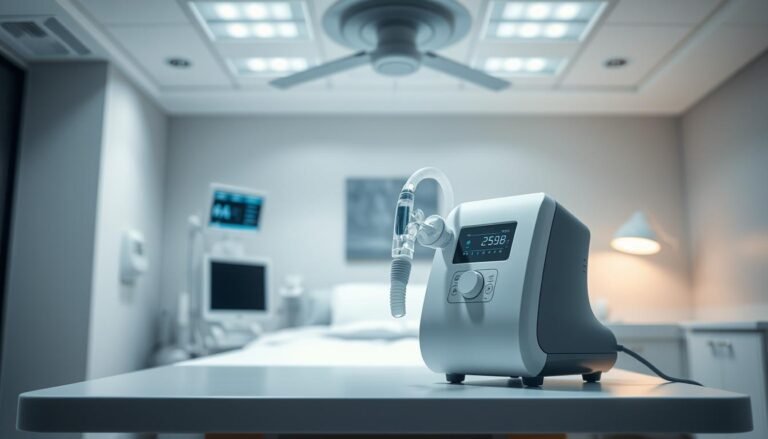 A high-quality, photorealistic image of a modern, sleek iCareCPAP sleep apnea machine in a clean, well-lit medical setting. The device is positioned prominently in the foreground, with a soft, diffused lighting creating a sense of tranquility and comfort. The background features subtle details like medical equipment and a soothing, neutral color palette to emphasize the machine's advanced technology and its role in addressing sleep-disordered breathing. The overall composition conveys a sense of professionalism, innovation, and the device's importance in providing discreet, private care for patients.