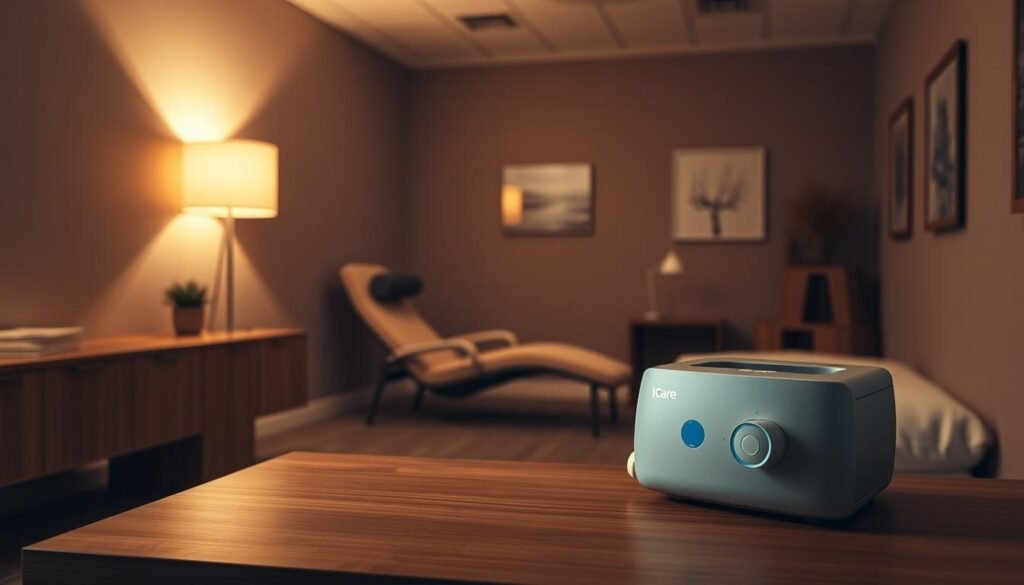 A modern and minimalist interior design of a sleep apnea clinic, featuring the iCareCPAP sleep apnea machine. The room is bathed in warm, soft lighting, creating a calming and relaxing atmosphere. In the foreground, a medical-grade iCareCPAP device sits on a sleek, wooden table, its unobtrusive design blending seamlessly with the space. The middle ground showcases a comfortable recliner, perfect for patients to undergo sleep studies. The background features muted, neutral-toned walls, accented by subtle, nature-inspired artwork, exuding a sense of privacy and tranquility. The overall scene conveys a welcoming, professional, and discreet environment tailored for the needs of sleep apnea patients.