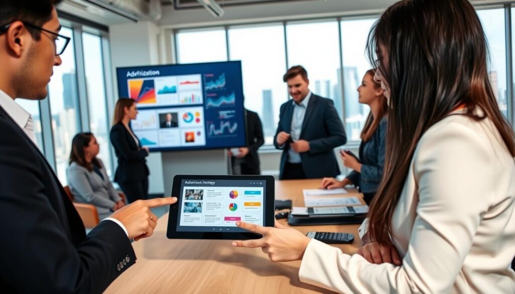 A modern office setting featuring a diverse team of business professionals engaged in a brainstorming session about advertising optimization strategies. In the foreground, a focused Asian woman in business attire points at a digital tablet displaying a colorful flowchart of optimization steps. The middle ground contains a large touchscreen display showcasing graphs and analytics related to ad performance, surrounded by colleagues discussing ideas. The background shows large windows with a city skyline, allowing natural light to illuminate the room. The atmosphere is collaborative and energetic, emphasizing innovation. The scene is captured from a slightly elevated angle, providing a dynamic perspective, with a soft focus on the tablet to draw attention to its details.