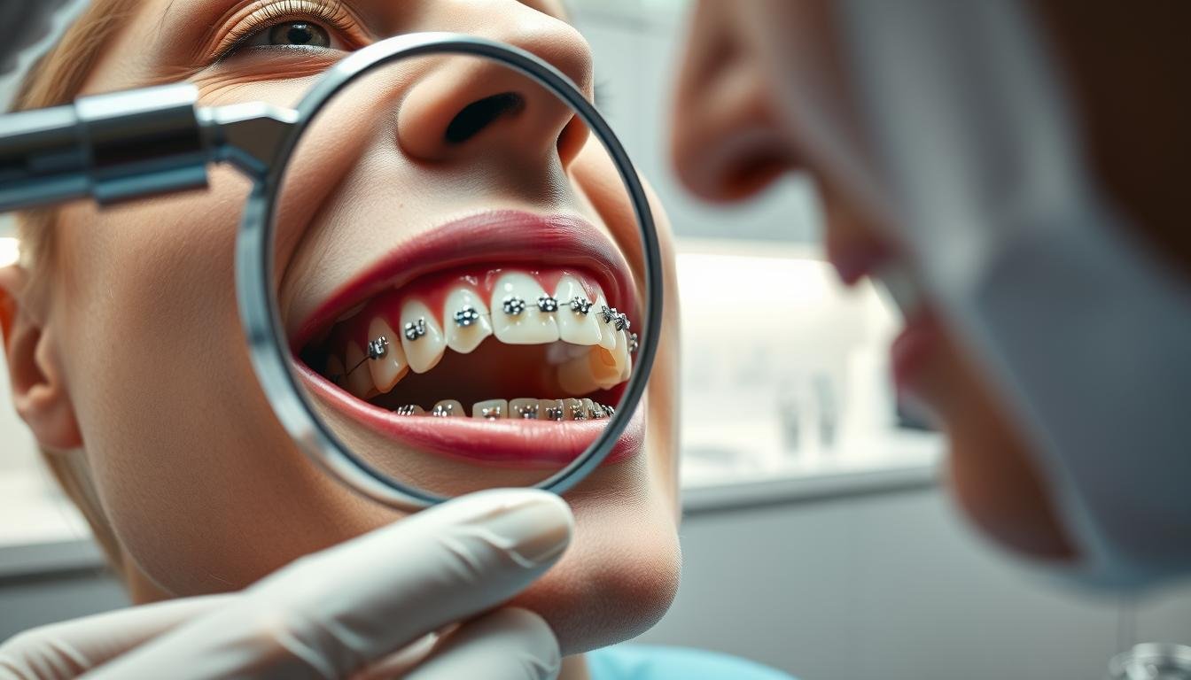 A close-up view of a dental examination in a modern clinic, focusing on a patient's mouth with braces. In the foreground, a dental professional is inspecting the alignment of the teeth, using a dental mirror and light. The middle section depicts the patient's teeth with braces, showcasing the intricate wire and bracket system in precise detail, highlighting stability and correct dental arrangement. In the background, soft, clinical lighting illuminates the professional setting, with dental tools neatly arranged on a countertop. The atmosphere is calm and focused, evoking a sense of diligence and care in monitoring post-braces dental stability. The image should be highly detailed, illustrating the importance of dental stability checks.