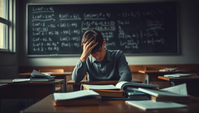 A dimly lit classroom setting, where a student sits at a desk, surrounded by scattered books and papers, visibly struggling to concentrate. In the foreground, the student, dressed in modest casual clothing, has their head resting on their hand, showcasing signs of fatigue and distraction. The middle ground features a blurred chalkboard filled with complex equations, symbolizing the weight of academic pressure. Soft, muted lighting casts shadows, creating a somber atmosphere that reflects the emotional toll of depression on learning. The background shows other empty desks, emphasizing the isolation often felt by students facing mental health challenges. The overall mood is contemplative and heavy, underscoring the impact of depression on academic performance.