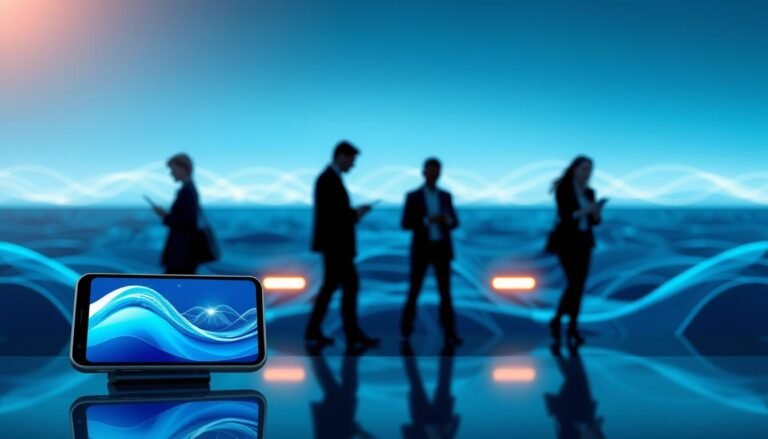 A futuristic digital landscape representing "OceanEsim 行動網路服務", showcasing sleek mobile devices and oceanic elements. In the foreground, a modern smartphone displaying a vibrant, user-friendly interface with wave-like graphics symbolizing connectivity. In the middle ground, silhouettes of diverse people in professional business attire engaged in using their devices, illustrating global communication. The background features a stylized ocean horizon, with abstract waves and digital lines merging, suggesting fluidity and innovation in mobile service. Soft, ambient lighting enhances the atmosphere, casting a serene yet dynamic mood. The image should evoke a sense of modern technology intertwined with the vastness of the ocean, highlighting the advantages of OceanEsim σε a professional, clear, and engaging manner.