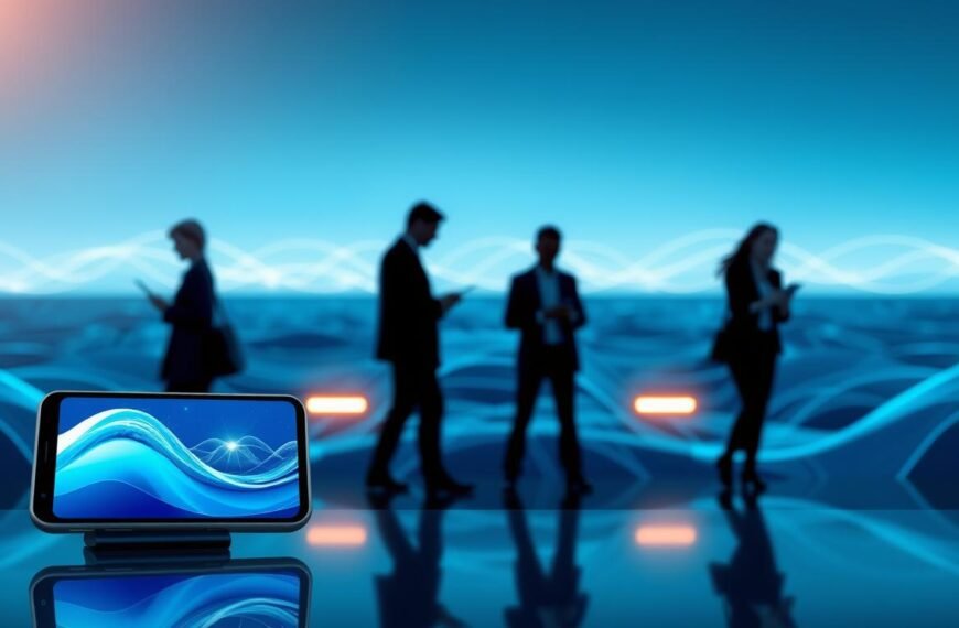 A futuristic digital landscape representing "OceanEsim 行動網路服務", showcasing sleek mobile devices and oceanic elements. In the foreground, a modern smartphone displaying a vibrant, user-friendly interface with wave-like graphics symbolizing connectivity. In the middle ground, silhouettes of diverse people in professional business attire engaged in using their devices, illustrating global communication. The background features a stylized ocean horizon, with abstract waves and digital lines merging, suggesting fluidity and innovation in mobile service. Soft, ambient lighting enhances the atmosphere, casting a serene yet dynamic mood. The image should evoke a sense of modern technology intertwined with the vastness of the ocean, highlighting the advantages of OceanEsim σε a professional, clear, and engaging manner.