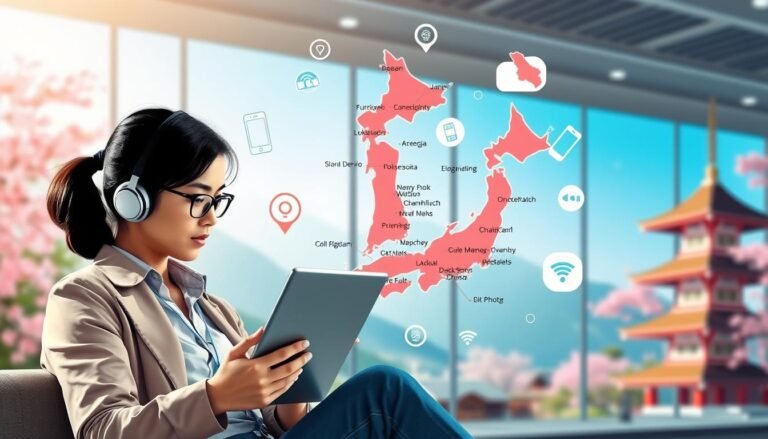 A modern and informative illustration depicting a person researching eSIM options in Japan. In the foreground, a focused traveler with a laptop open, examining eSIM plans, dressed in smart casual attire. In the middle ground, a vibrant, stylized map of Japan highlighting major cities, surrounded by icons representing connectivity, such as smartphones, Wi-Fi symbols, and signal bars. The background features soft, blurred imagery of Japanese landmarks like pagodas and cherry blossoms, hinting at the traveler's environment. The lighting is bright and inviting, suggesting a sense of clarity and excitement about choosing the right eSIM plan. The mood is professional yet engaging, aimed at individuals preparing for their travels in Japan.