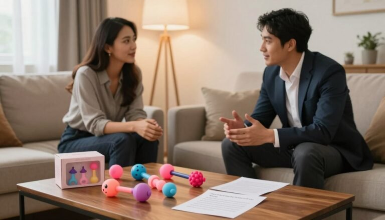 A cozy and intimate scene featuring two couples in a well-lit room, sharing their experiences with backdoor toys in a relaxed and friendly atmosphere. The foreground showcases a wooden coffee table adorned with elegant packaging of various toys, alongside thoughtful feedback notes. In the middle ground, the couples engage in a warm discussion, dressed in professional business attire, reflecting a candid and trustworthy exchange. Soft, warm lighting bathes the room, creating a romantic vibe, while plush seating invites comfort. The background hints at tasteful decor, with subtle hints of passion and connection, emphasizing a supportive space for honest evaluations. The image is framed in a 4:3 aspect ratio, capturing the essence of this shared experience.