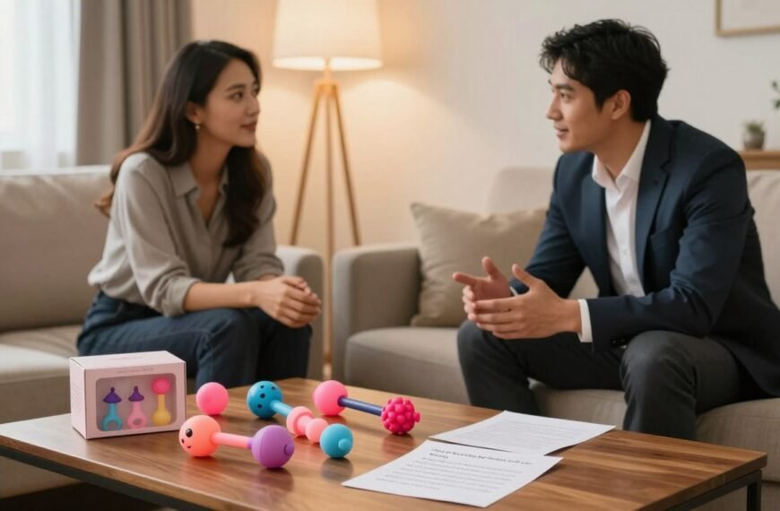 A cozy and intimate scene featuring two couples in a well-lit room, sharing their experiences with backdoor toys in a relaxed and friendly atmosphere. The foreground showcases a wooden coffee table adorned with elegant packaging of various toys, alongside thoughtful feedback notes. In the middle ground, the couples engage in a warm discussion, dressed in professional business attire, reflecting a candid and trustworthy exchange. Soft, warm lighting bathes the room, creating a romantic vibe, while plush seating invites comfort. The background hints at tasteful decor, with subtle hints of passion and connection, emphasizing a supportive space for honest evaluations. The image is framed in a 4:3 aspect ratio, capturing the essence of this shared experience.