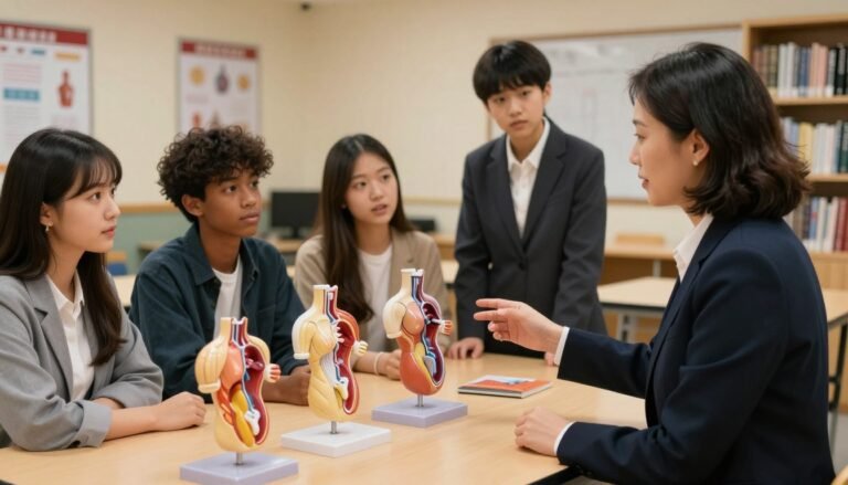 A professional and educational setting showcasing the concept of sexual education using anatomical models. In the foreground, a well-dressed educator, a middle-aged Asian woman, explains the models to a diverse group of attentive students, dressed in smart casual attire. The models are detailed, anatomically accurate, and arranged on a tabletop, illuminated by warm, soft overhead lighting to create a cozy and inviting atmosphere. In the middle ground, students of various ethnic backgrounds engage in discussion, with expressions of curiosity and focus. The background features a tasteful classroom environment with educational posters and bookshelves. The mood is informative and respectful, promoting a positive and constructive dialogue about sexual education and its applications. 4:3 aspect ratio.