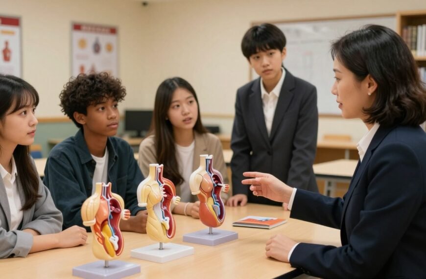 A professional and educational setting showcasing the concept of sexual education using anatomical models. In the foreground, a well-dressed educator, a middle-aged Asian woman, explains the models to a diverse group of attentive students, dressed in smart casual attire. The models are detailed, anatomically accurate, and arranged on a tabletop, illuminated by warm, soft overhead lighting to create a cozy and inviting atmosphere. In the middle ground, students of various ethnic backgrounds engage in discussion, with expressions of curiosity and focus. The background features a tasteful classroom environment with educational posters and bookshelves. The mood is informative and respectful, promoting a positive and constructive dialogue about sexual education and its applications. 4:3 aspect ratio.