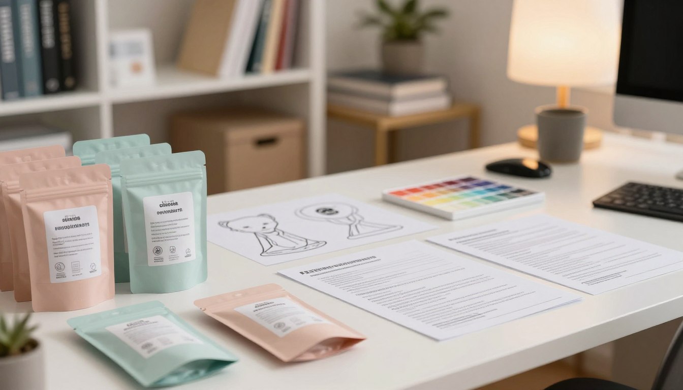 A professional workspace showcasing labels and packaging requirements for adult products and intimate items. In the foreground, several elegantly designed product packages with informative labels in soft pastel colors, featuring essential compliance symbols and safety certifications. In the middle, a sleek desk with drafting materials, including a color palette, design sketches, and compliance guidelines spread out, showing attention to detail. The background features a well-lit, organized office environment with shelves filled with reference books on marketing regulations and product safety laws. The lighting is warm and inviting, creating a focused yet serene atmosphere. The image captures a sense of professionalism and compliance within the adult product market, showcasing the importance of quality and regulatory adherence. 4:3 aspect ratio.