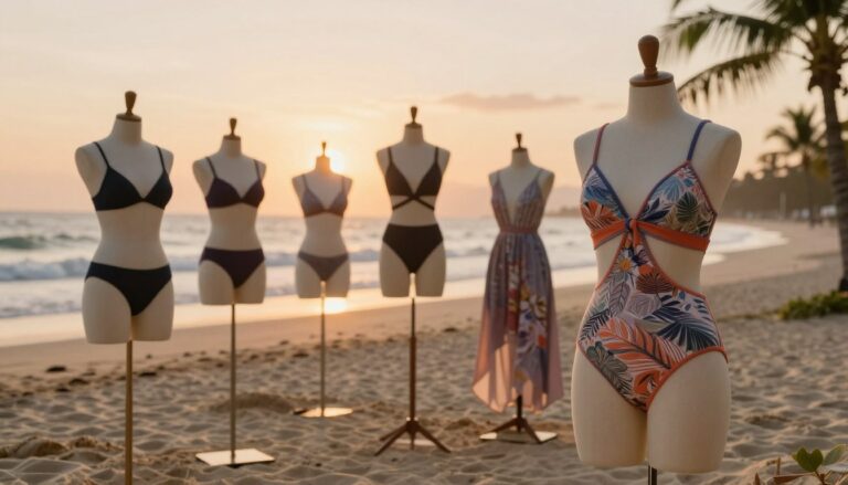 A serene beach setting showcasing various stylish women's swimsuits displayed on mannequins. In the foreground, a feminine mannequin in a chic one-piece swimsuit, accentuated with delicate patterns and vibrant colors. In the middle ground, additional swimwear styles on separate mannequins, including sporty tankinis and elegant swim dresses, all arranged artistically. The background features soft sand, gentle waves, and palm trees under a warm sunset, creating a cozy and inviting atmosphere. The lighting is soft and warm, casting a golden hue over the scene, while a shallow depth of field keeps the focus on the swimsuits. A cinematic vibe enhances the romantic nature of the setting, perfect for illustrating the advantages and understanding of swimwear. The composition is framed in a 4:3 aspect ratio.