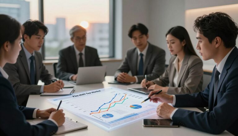 A professional business meeting room with a sleek modern table, surrounded by diverse individuals in business attire discussing charts and graphs. The foreground features a large, clear infographic displaying the growth trend of the adult toy market, with colorful lines and annotations illustrating statistics. The middle layer shows people engaged in conversation, analyzing the data with focused expressions. In the background, a soft-focus window reveals a cityscape under warm, ambient lighting, creating a cozy and intimate atmosphere. The scene conveys a sense of professionalism and curiosity about cultural differences in the market trends, captured with a cinematic lens at a 4:3 aspect ratio that emphasizes engagement and collaboration.